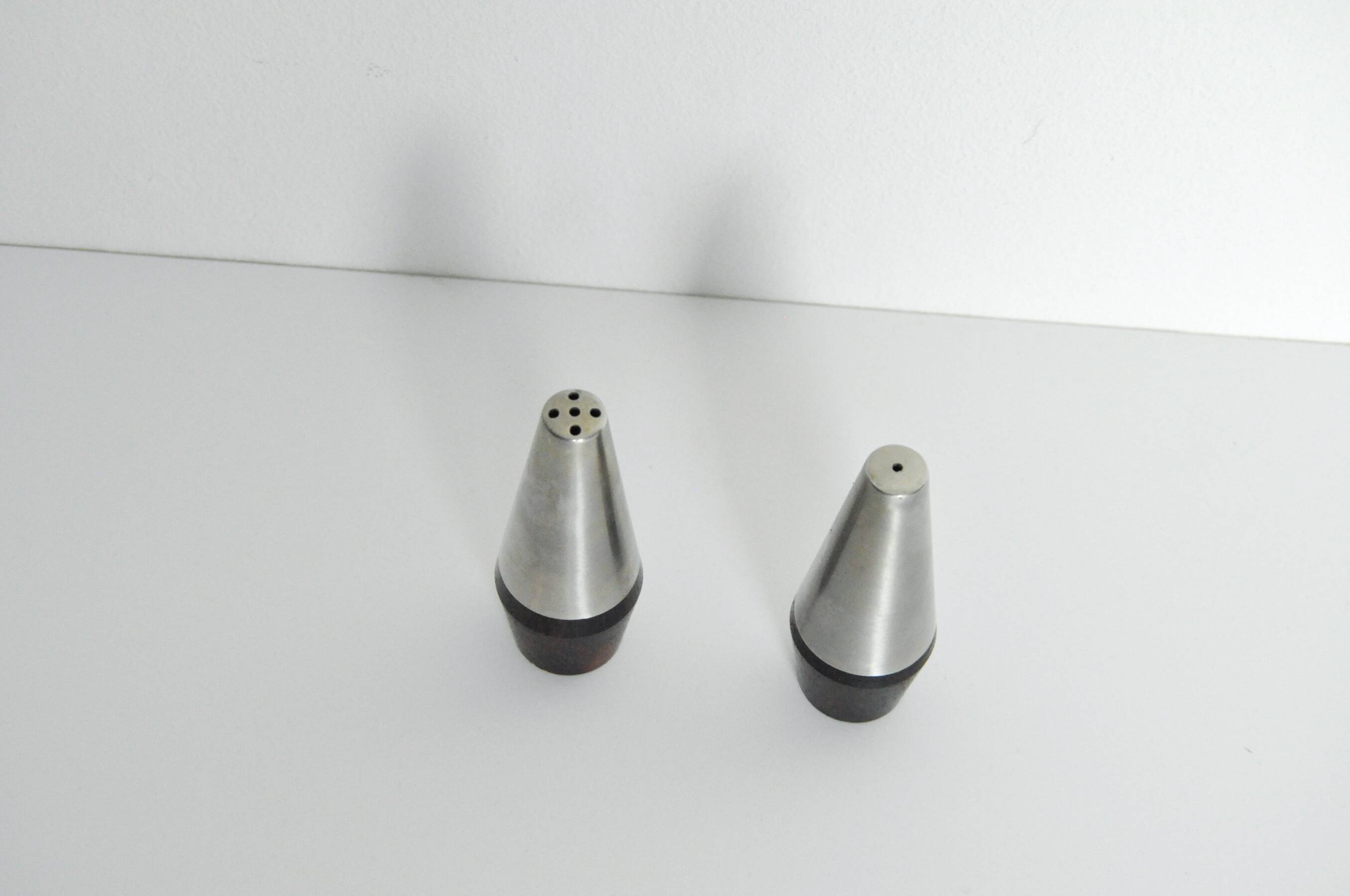 Danish Modern Pair of Rosewood and Stainless Steel Salt and Pepper Shakers