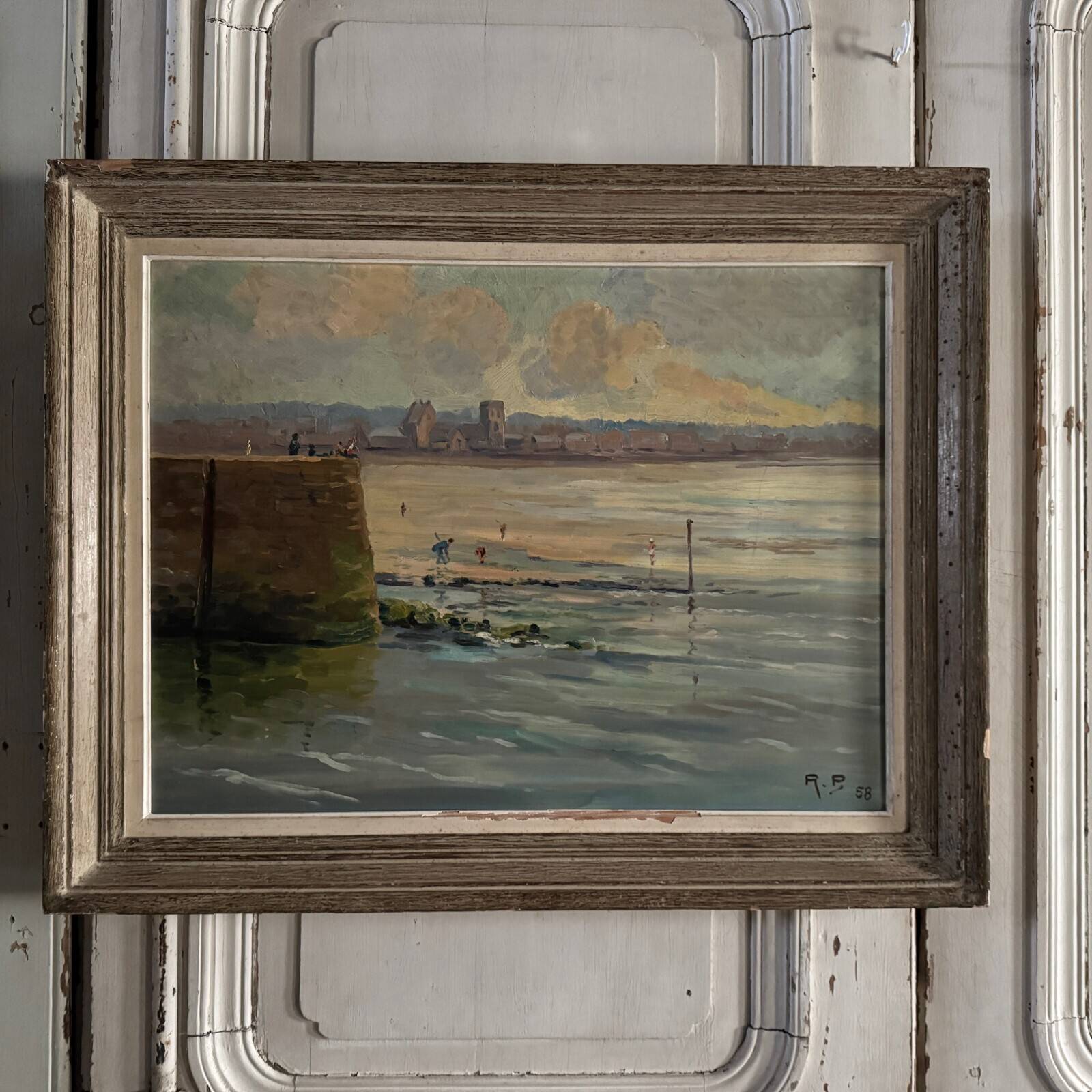 Oil on hardboard beachfront with fishermen on foot 1958 by RP