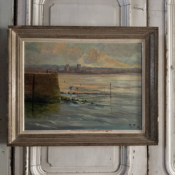 Huile sur Isorel bord de plage avec pêcheurs à pied 1958 par R.P.