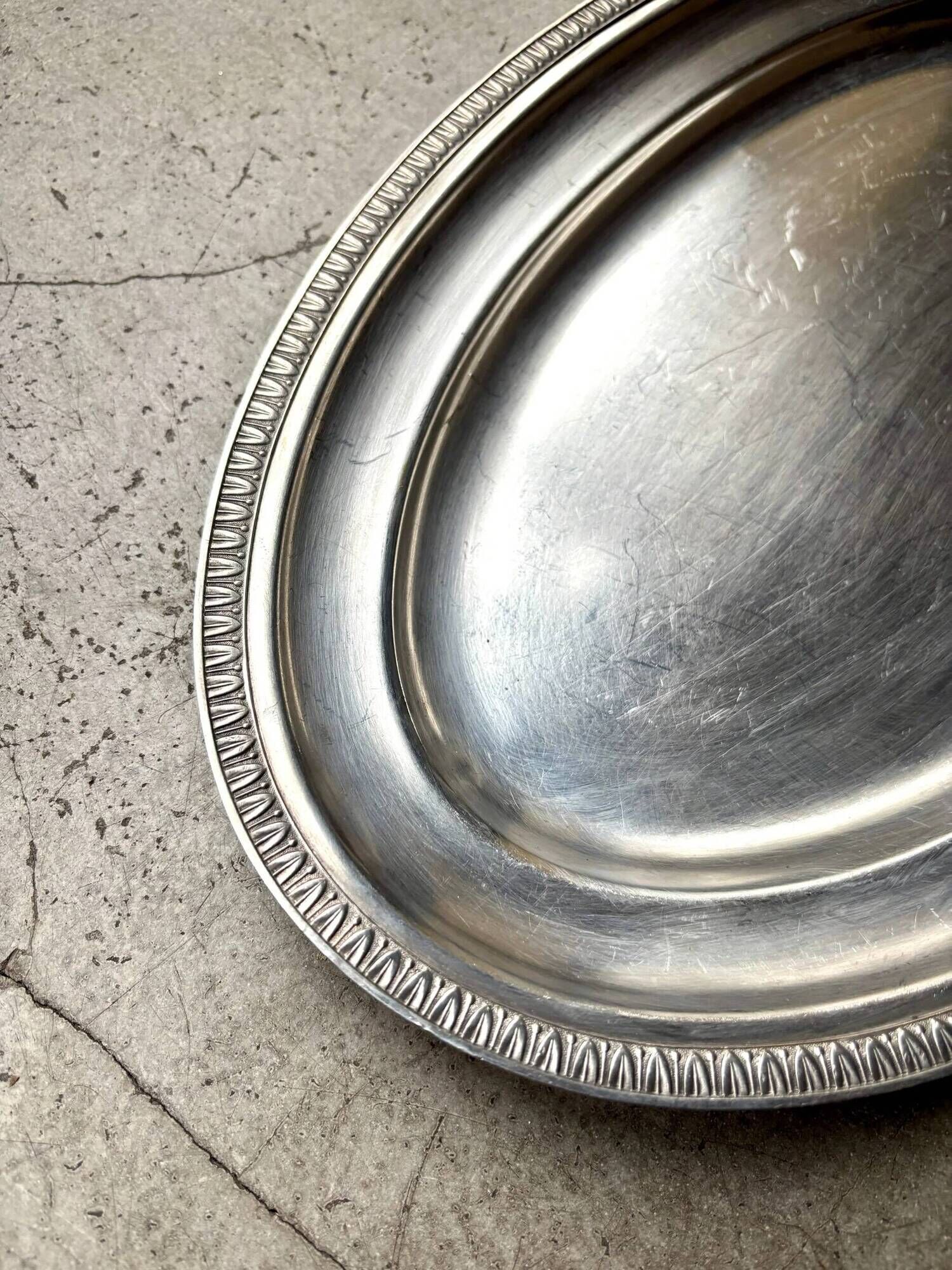 Oval silver-plated metal dish with palmette motif