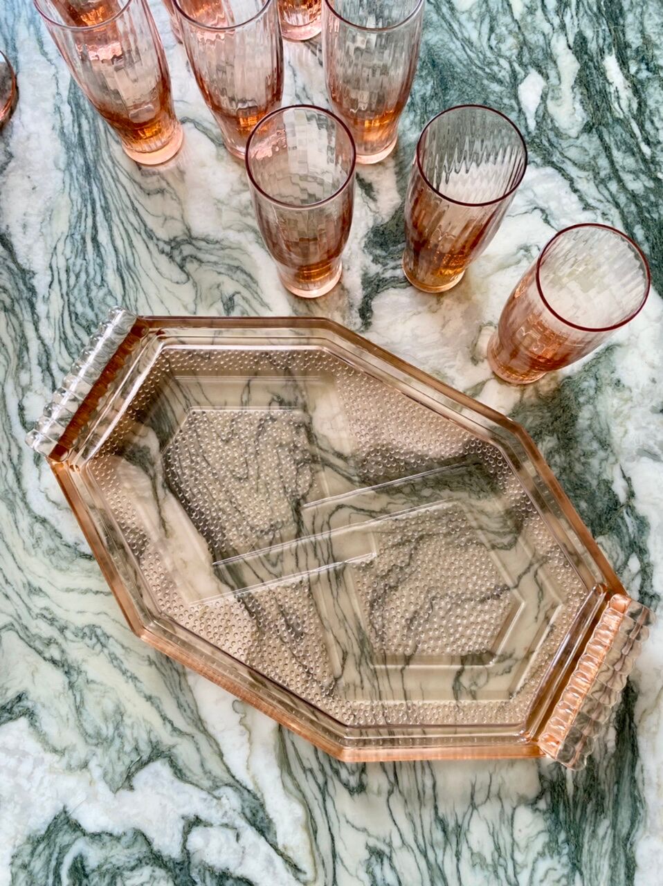 Vintage pink glass liquor service