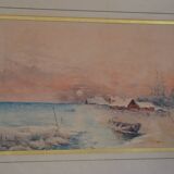 Peinture à l'aquarelle ancienne paysage de bord de mer signé H. Jeannolle XIXe s