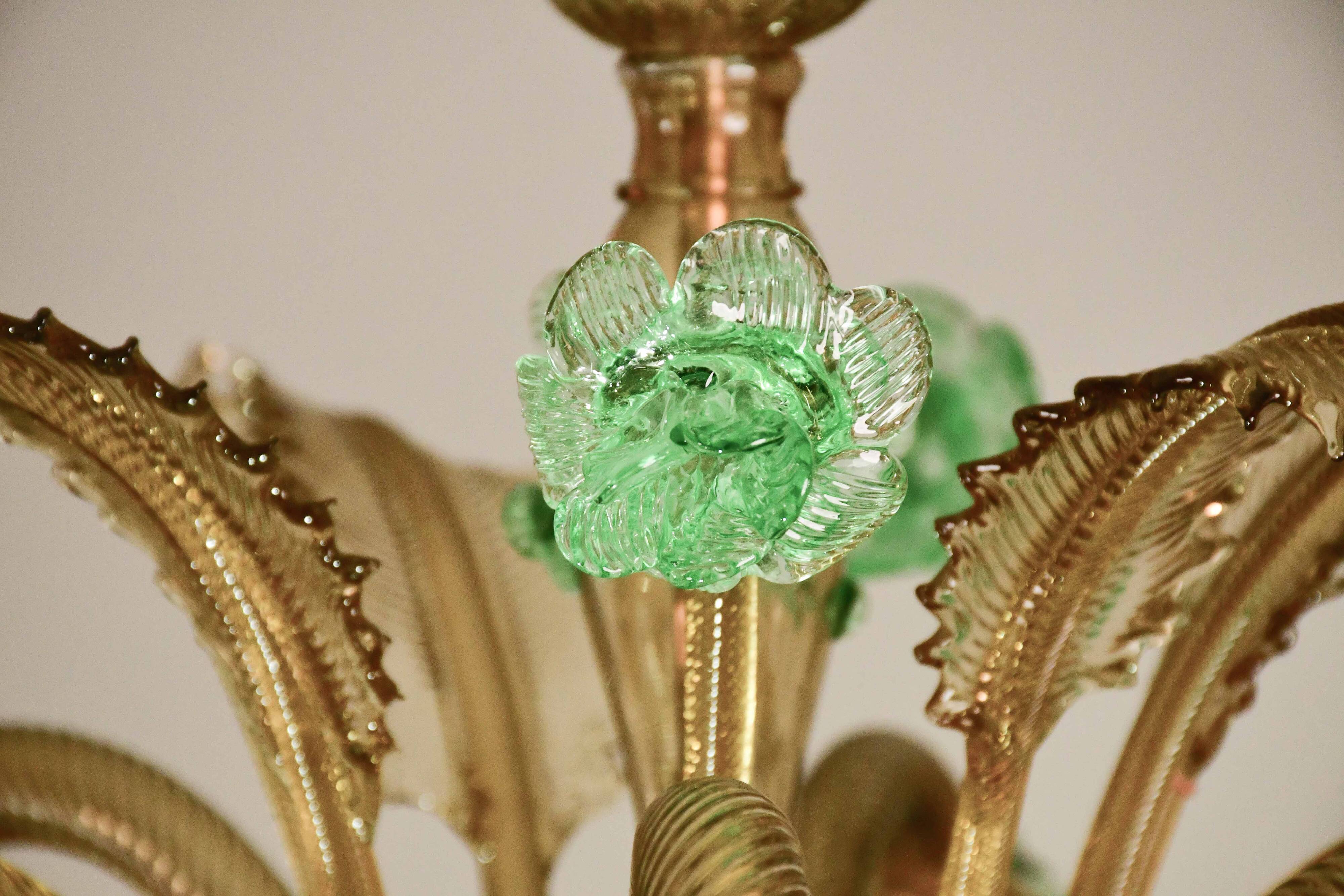 6 arms vintage Venetian chandelier, green Murano glass, 1950s