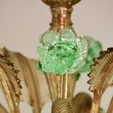 6 arms vintage Venetian chandelier, green Murano glass, 1950s