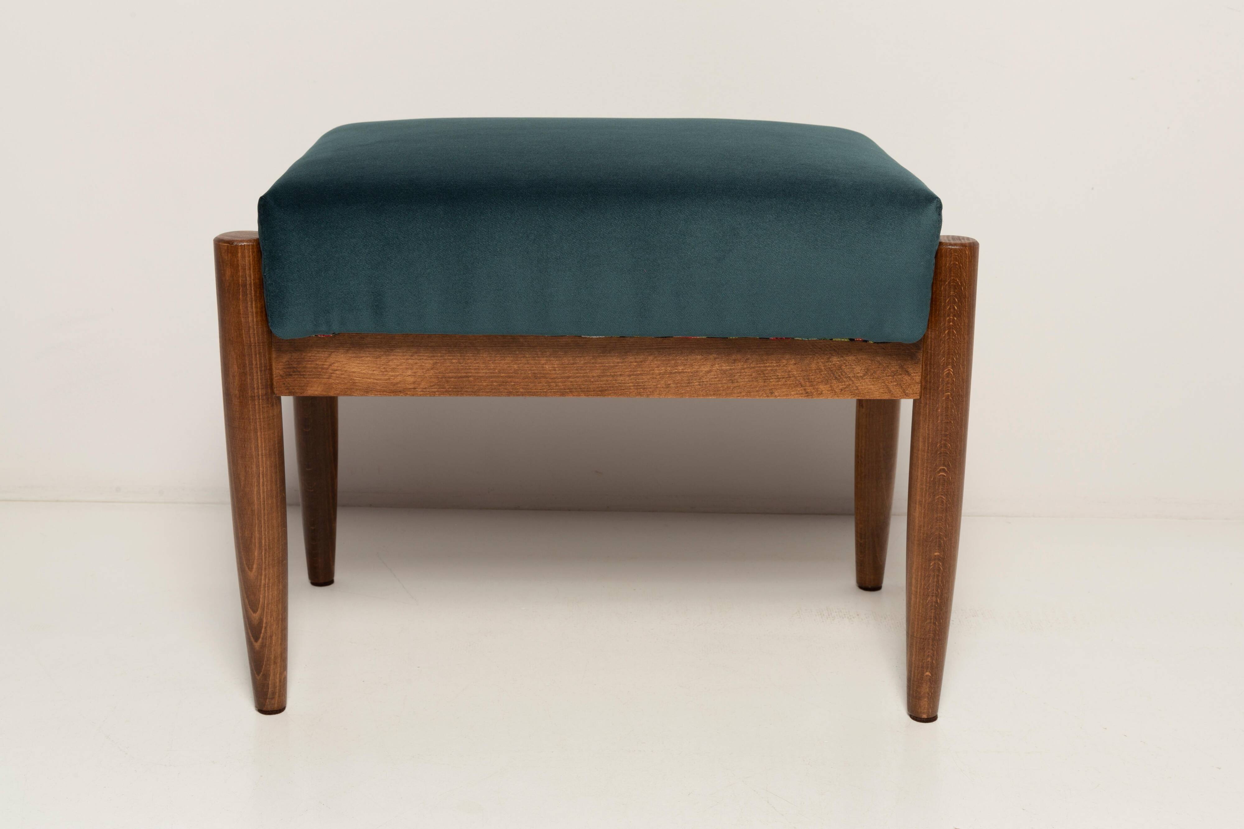 Vintage mid-century petrol blue velvet stool, Edmund Homa, Europe, 1960s.