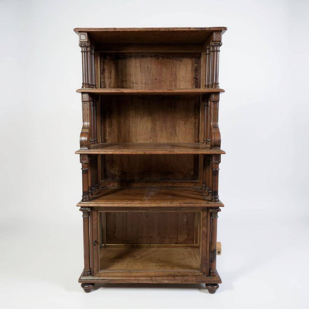 Glass-fronted walnut shelf