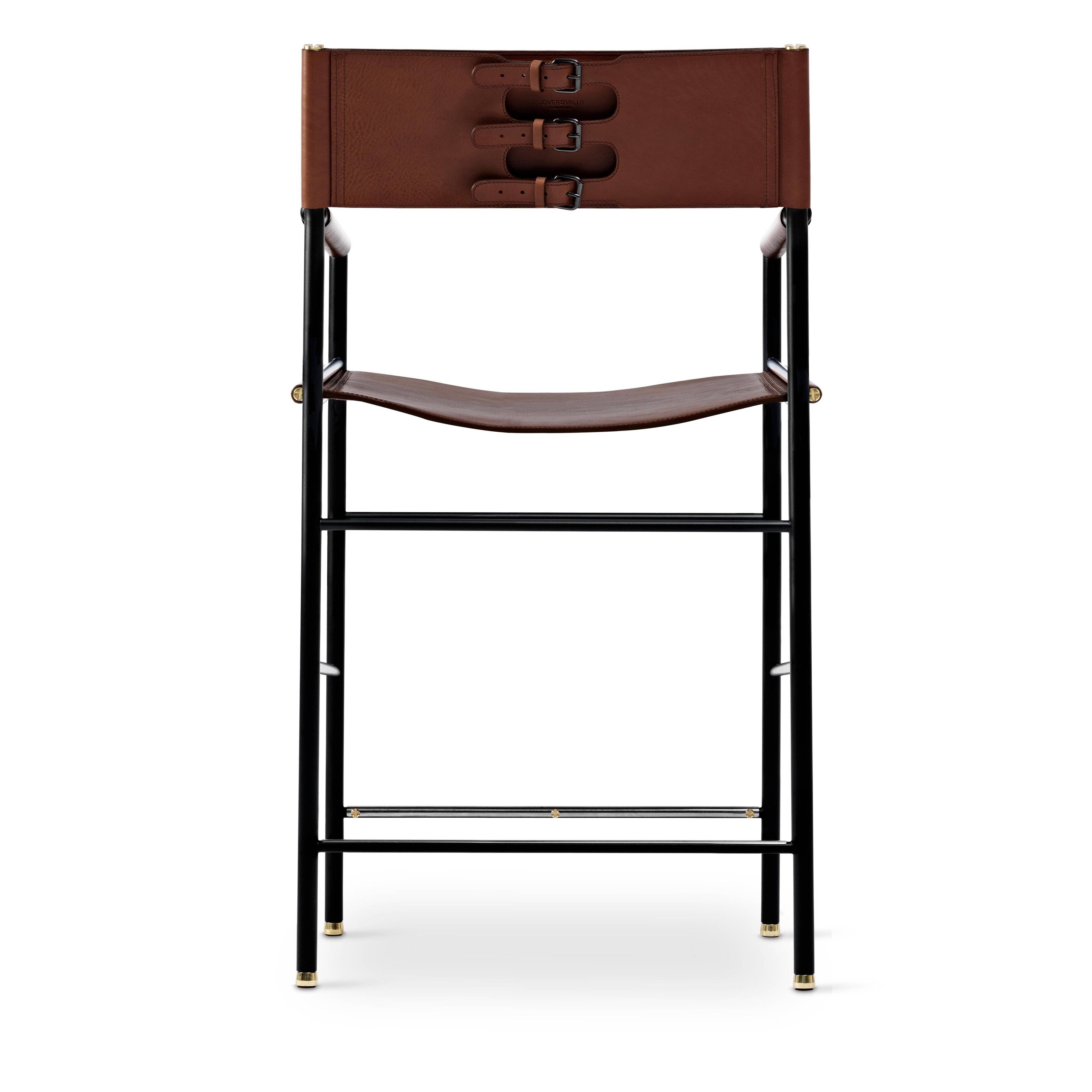 Jeu de 4 Tabourets de bar contemporains avec dossier en cuir marron foncé, caoutchouc noir, métal