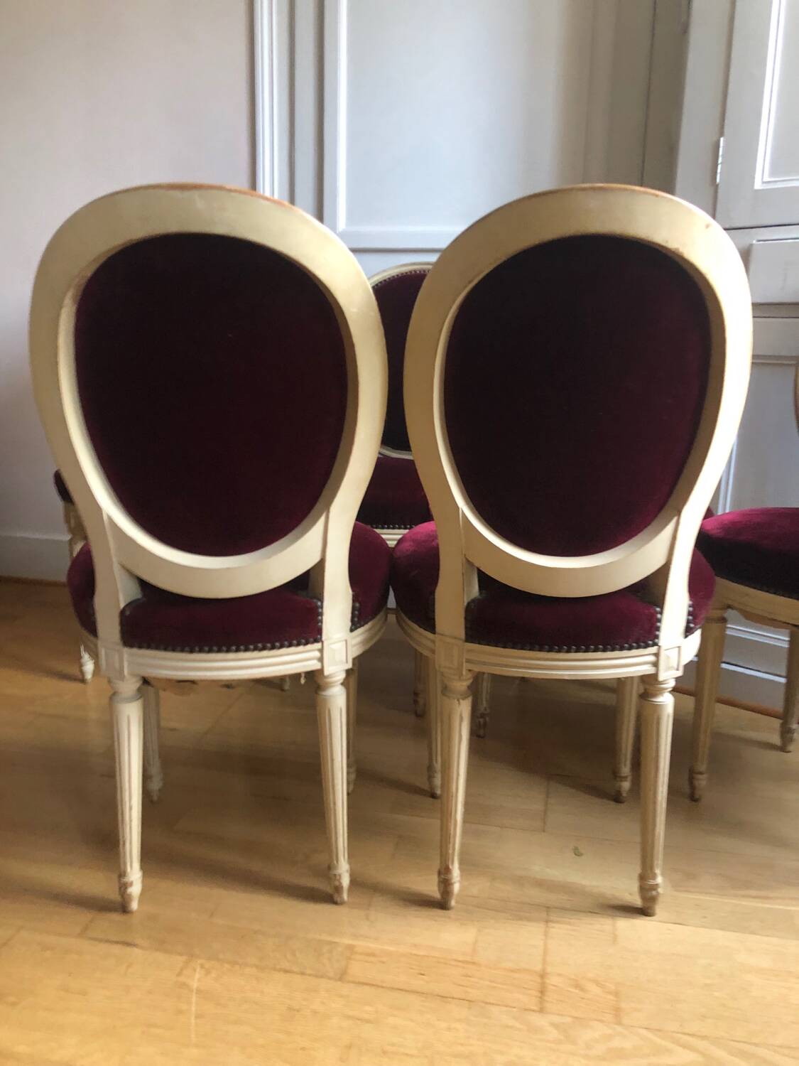 Lot of six Louis XVI chairs purple velvet patinated wood