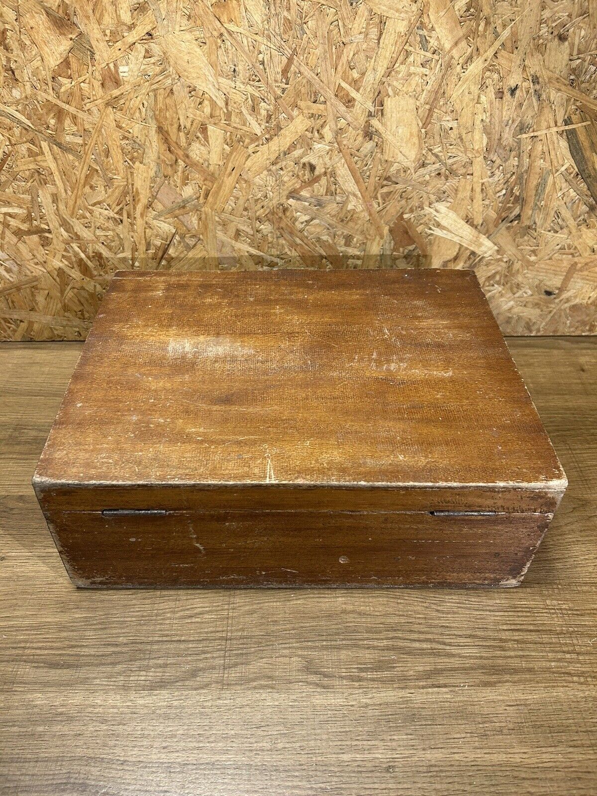 Old wood and brass box, decoration loft workshop, furniture of trades