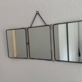 Miroir vintage 1950 triptyque barbier simili lézard noir coiffeur - 27 x 67