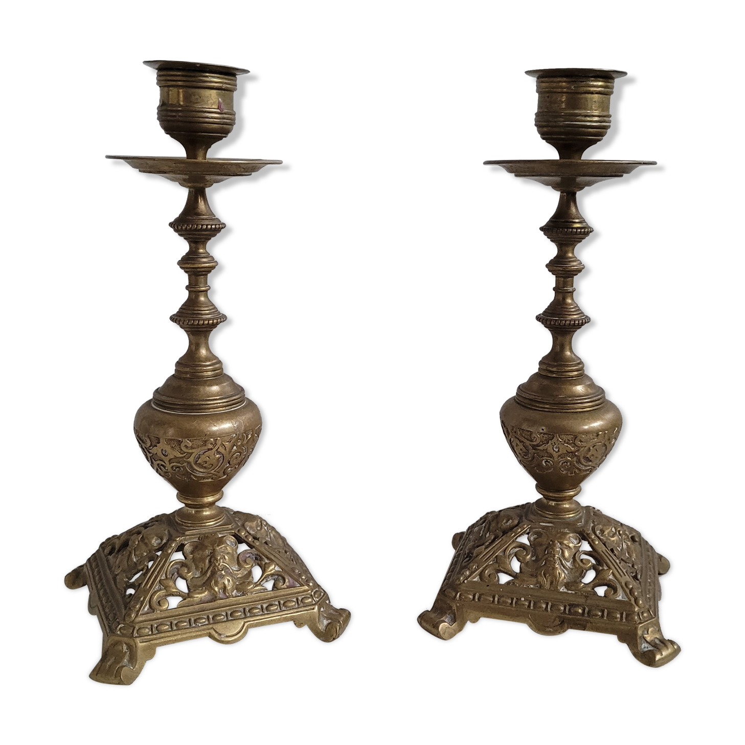 Duo worked brass candle holders