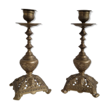 Duo worked brass candle holders