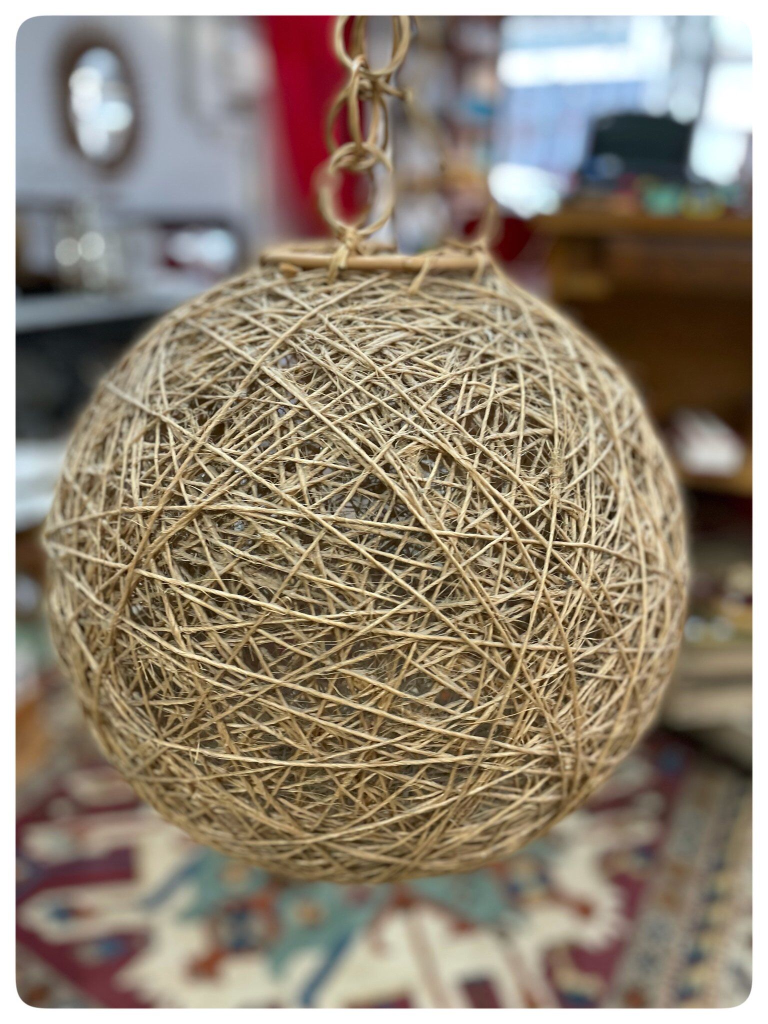 Suspension ball fixture vintage rattan-style twine
