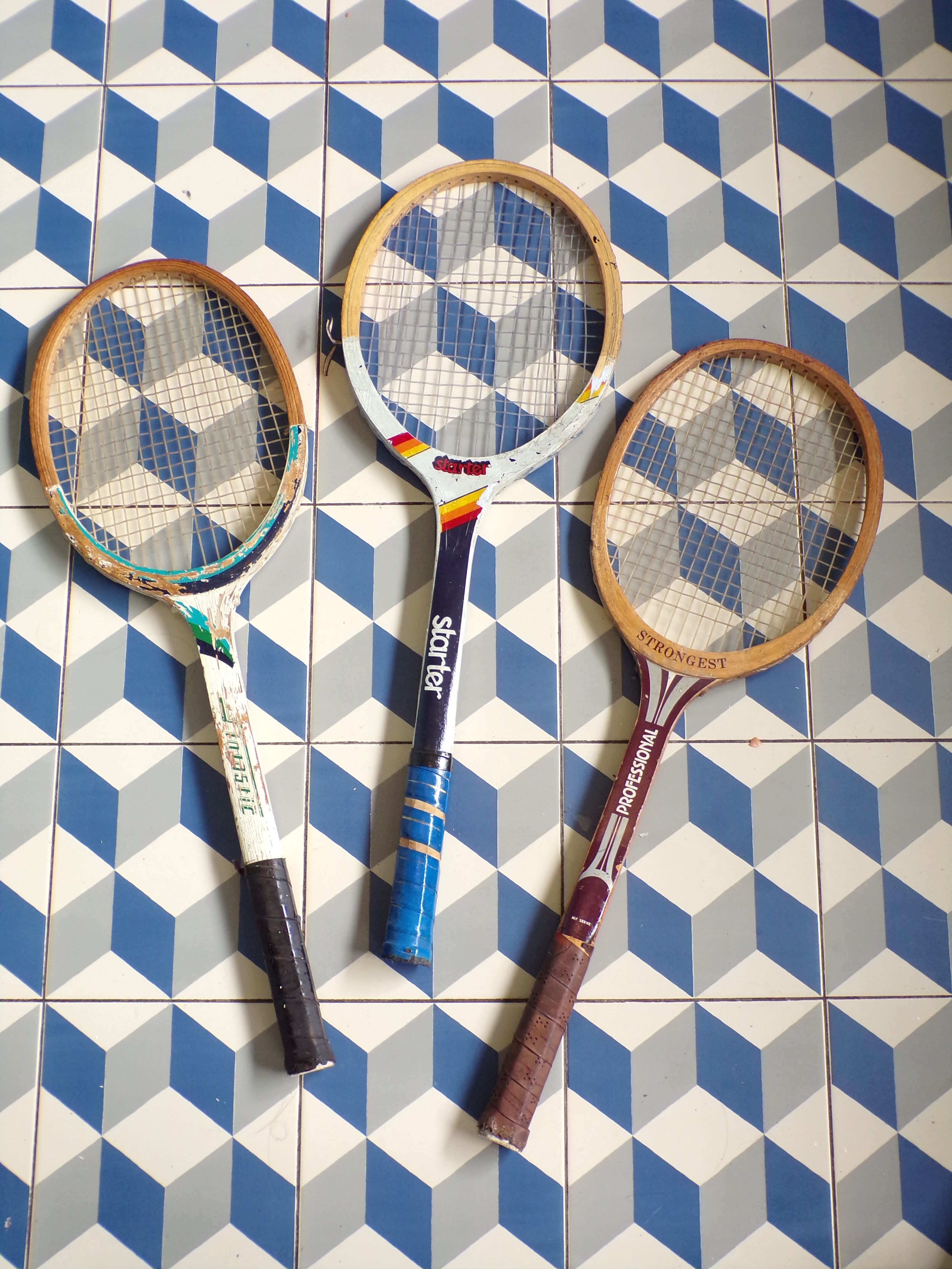 3 vintage wooden tennis rackets