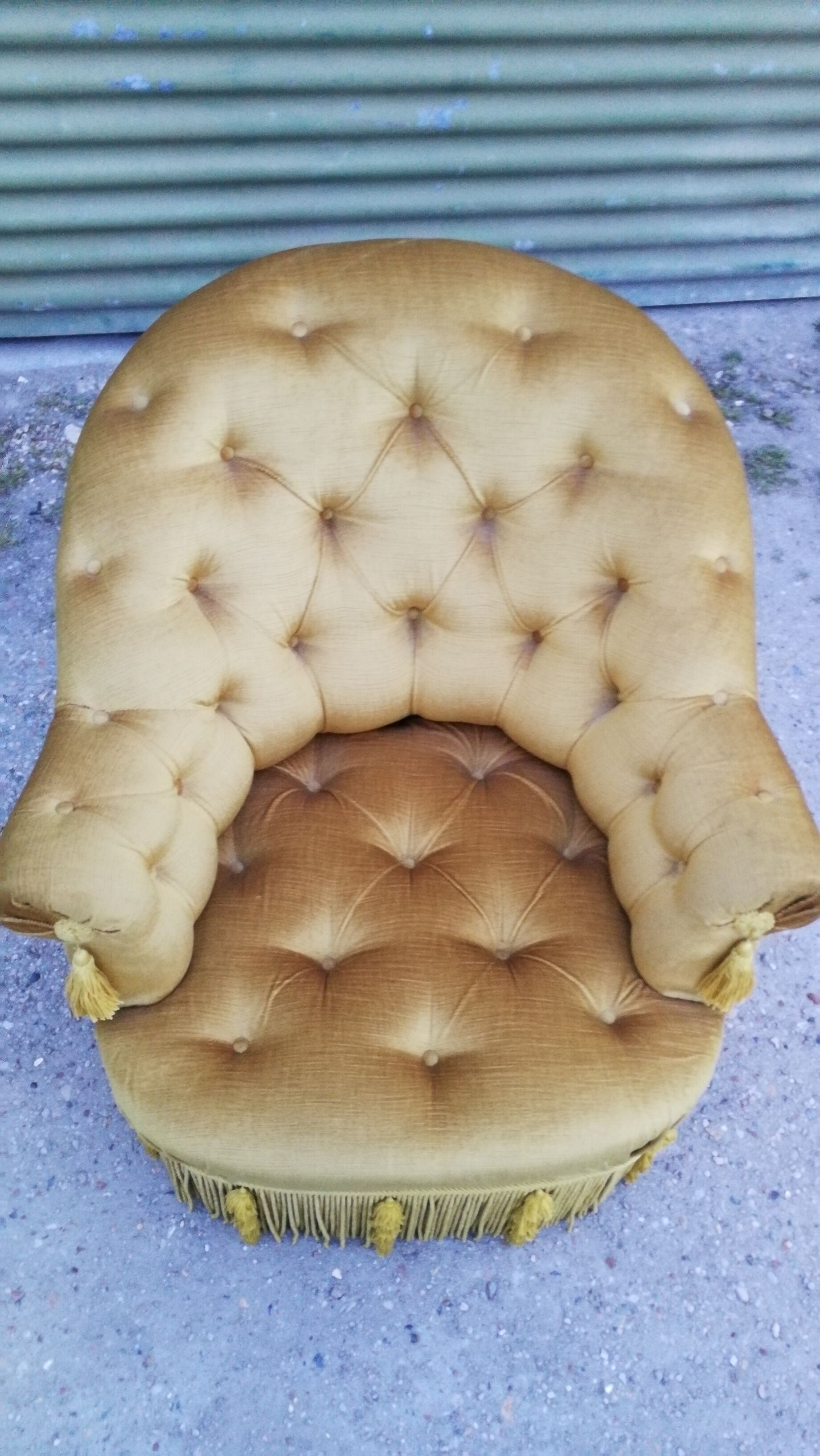 Toad padded velvet armchair, mustard fringe, 60 years