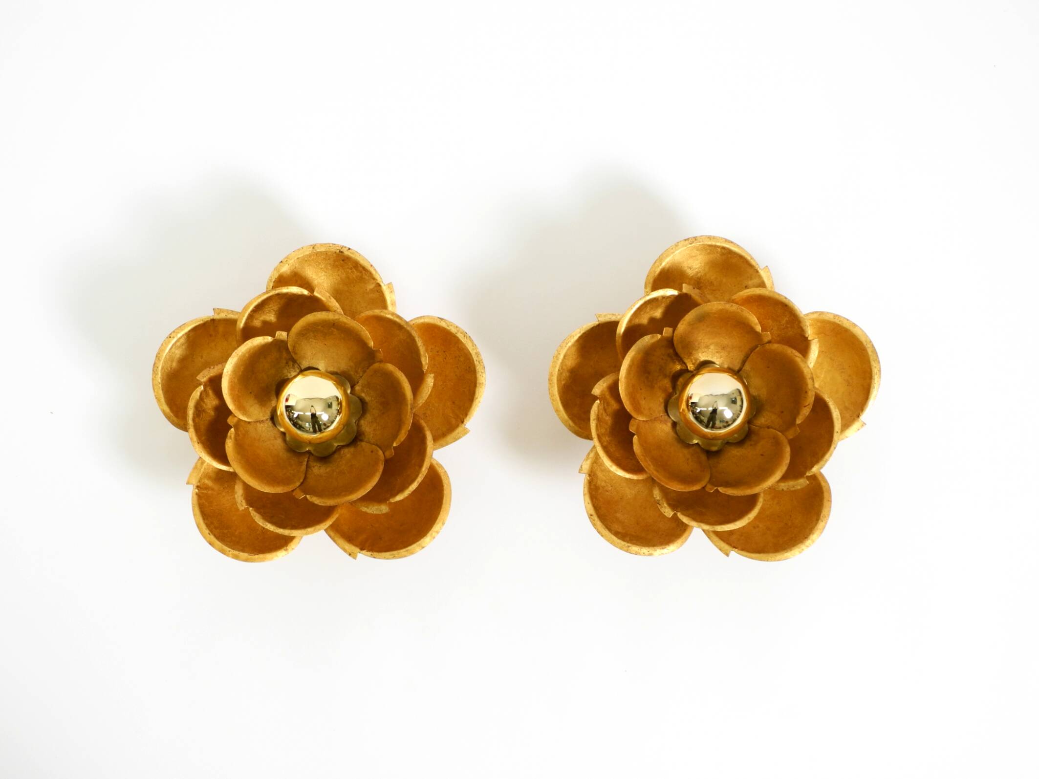 Two beautiful, large, gilt wall lamps, "Water Lily," Italy, 1960s