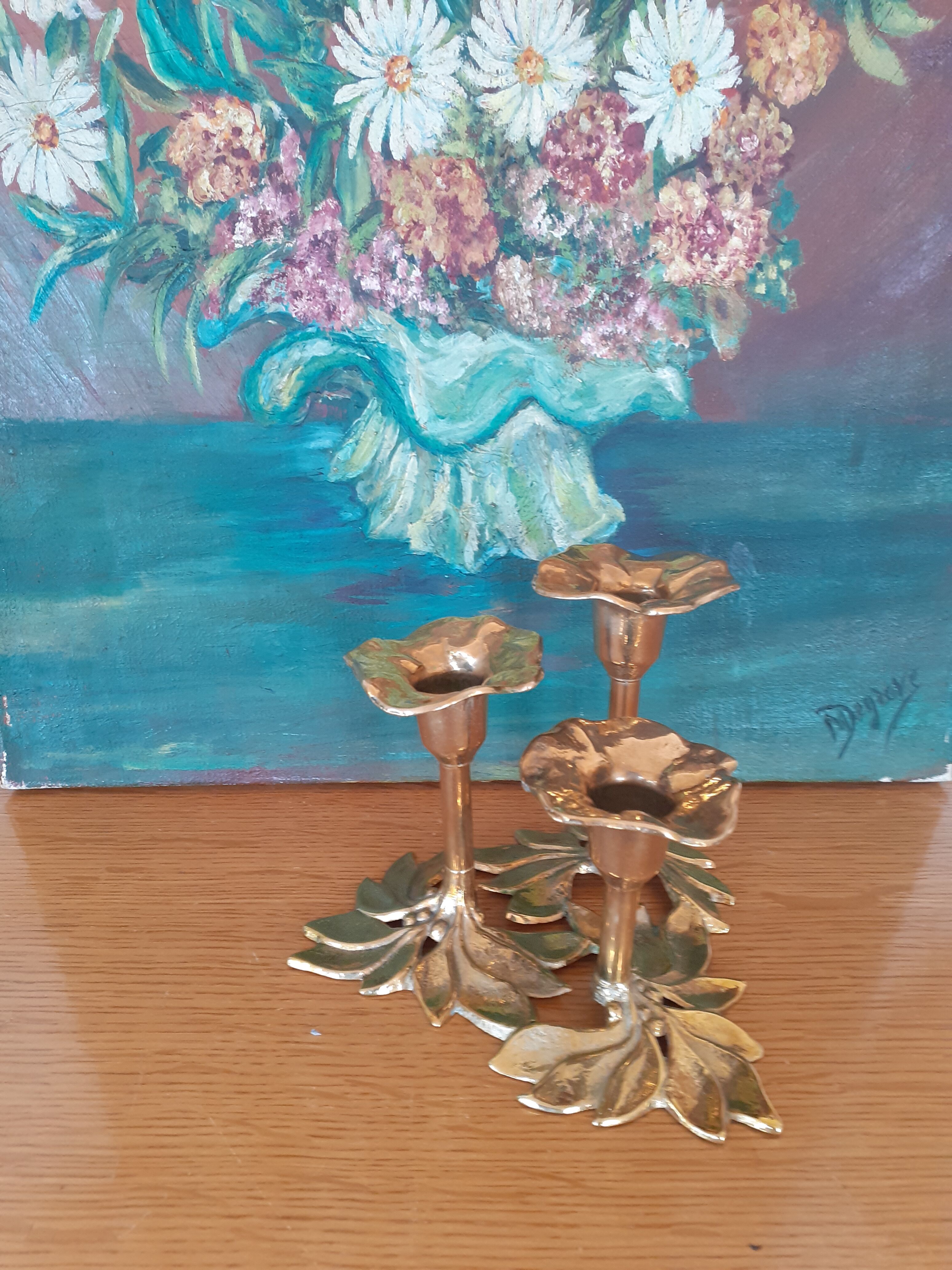 Brass candle holder three flowers