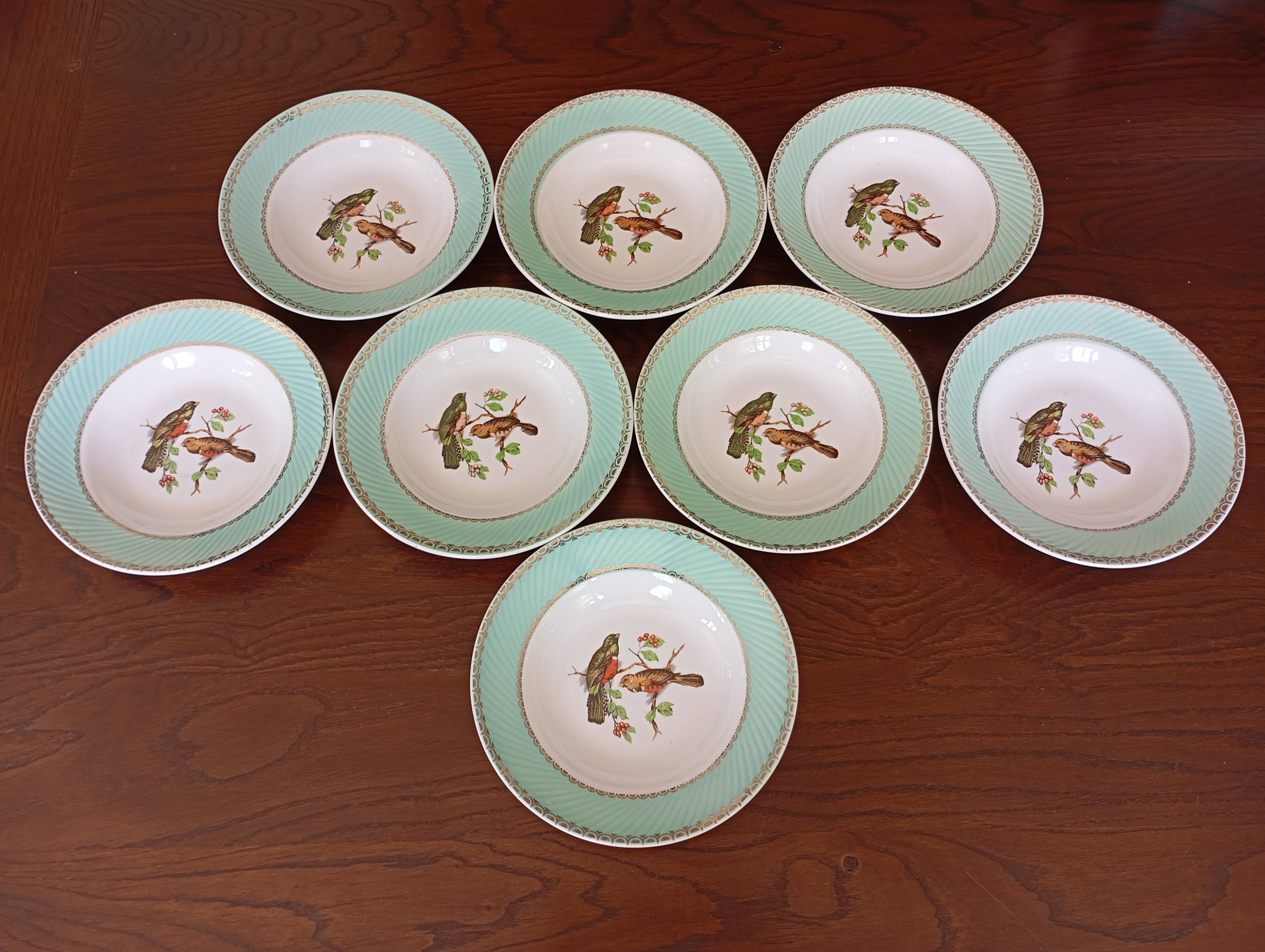 8 soup plates Fenal Badonviller "Birds" vintage 1950s