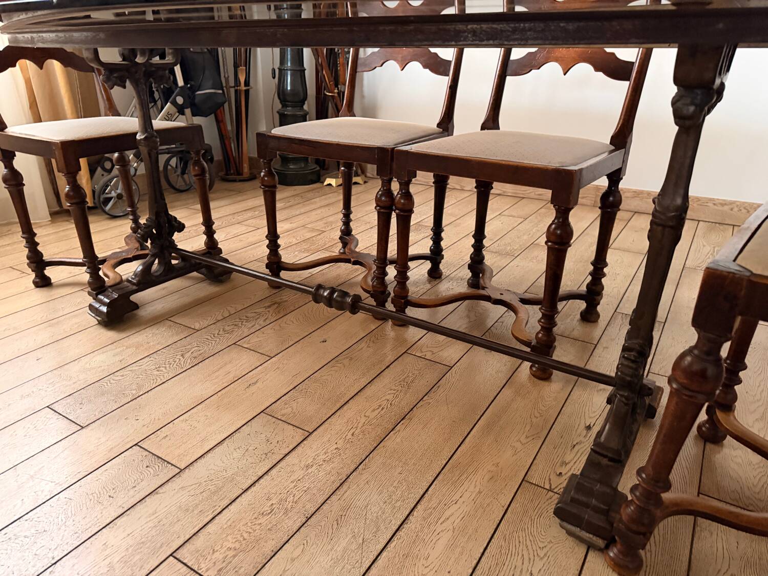 Large antique dining table in wrought iron and smoked glass,