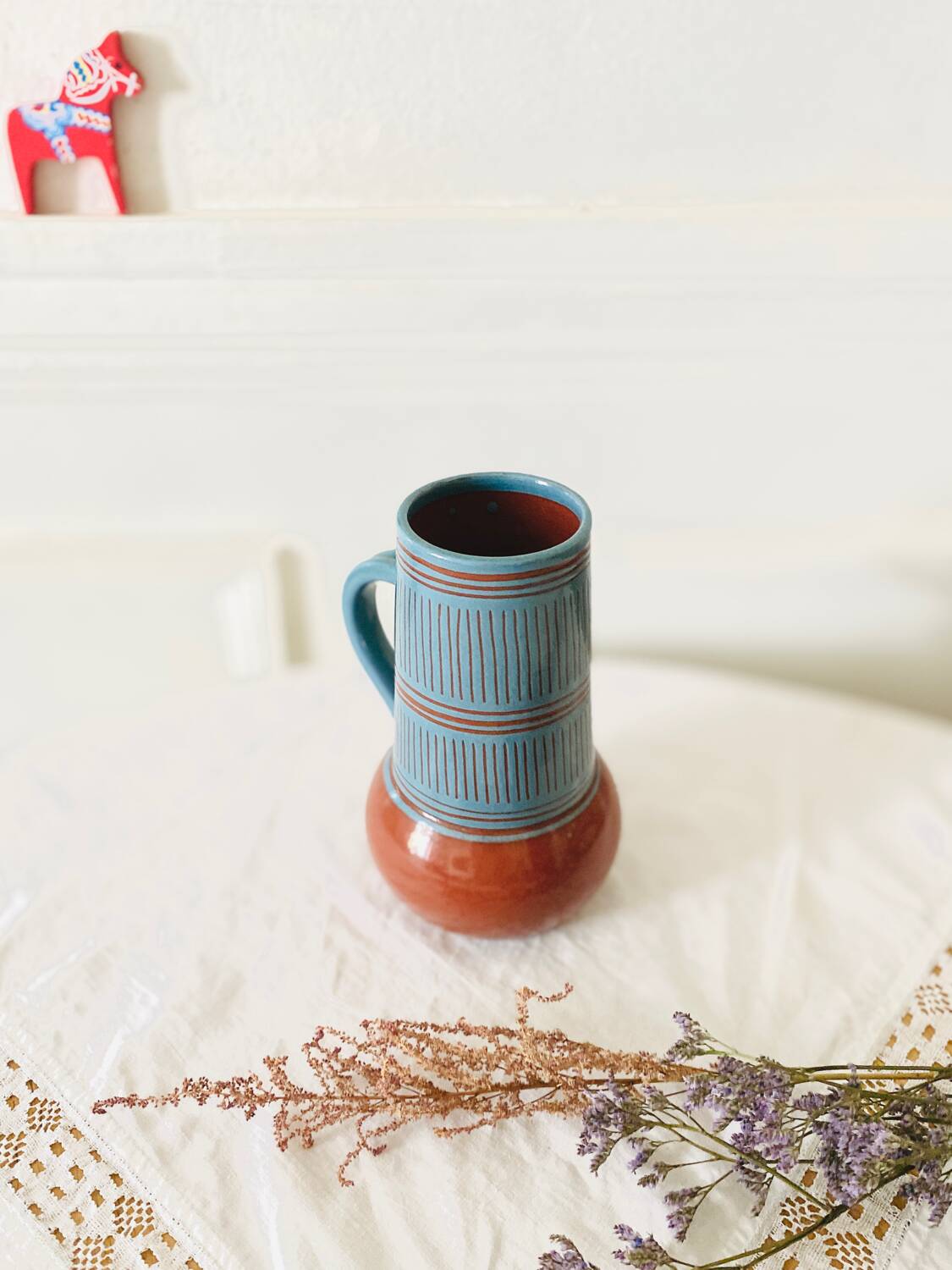 Vintage vase with handle Scandinavian ceramic Nittsjo Sweden