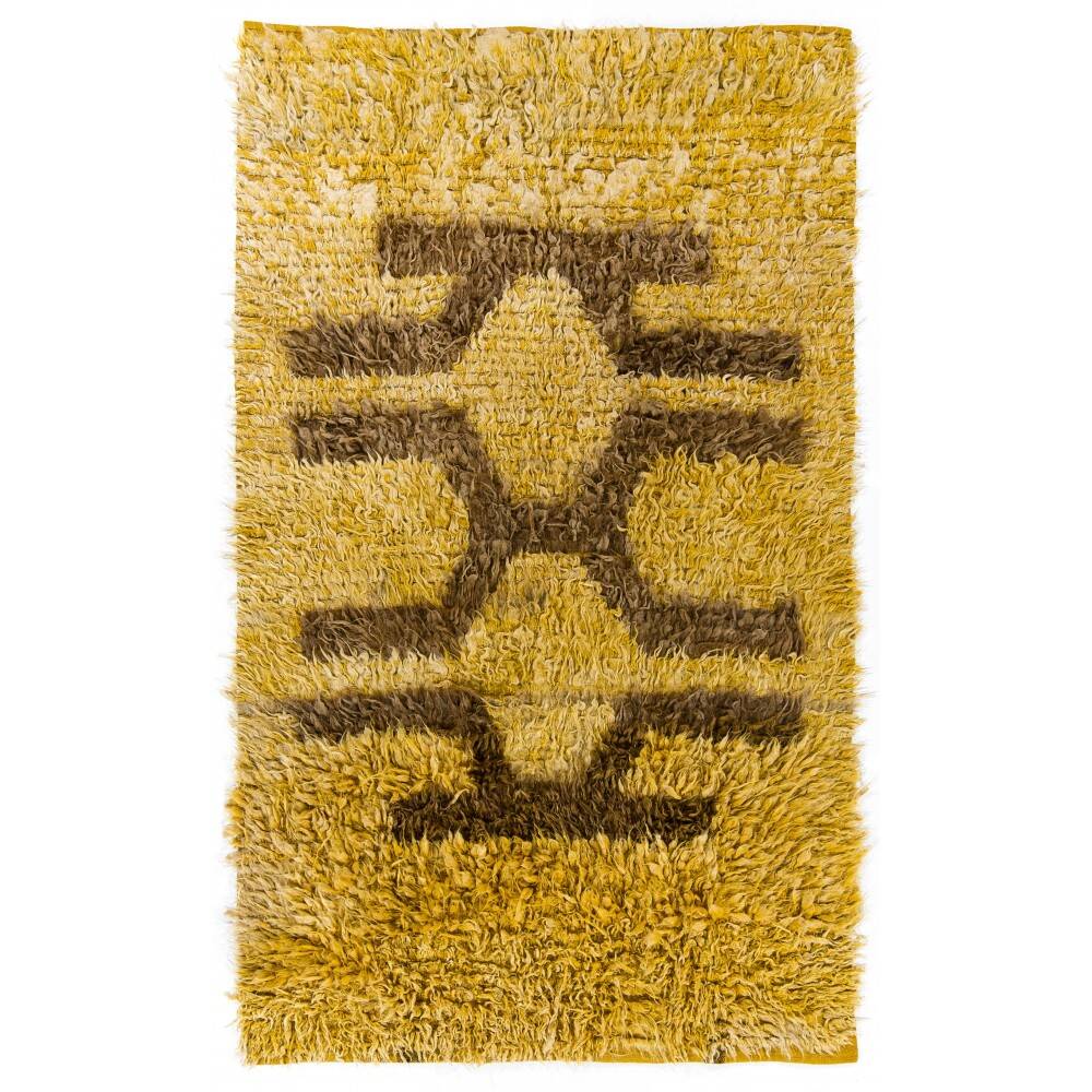 Vintage Hand-Knotted Shag Pile Rug with Brown Geometric Design on a Yellow Field, 100% Mohair Wool