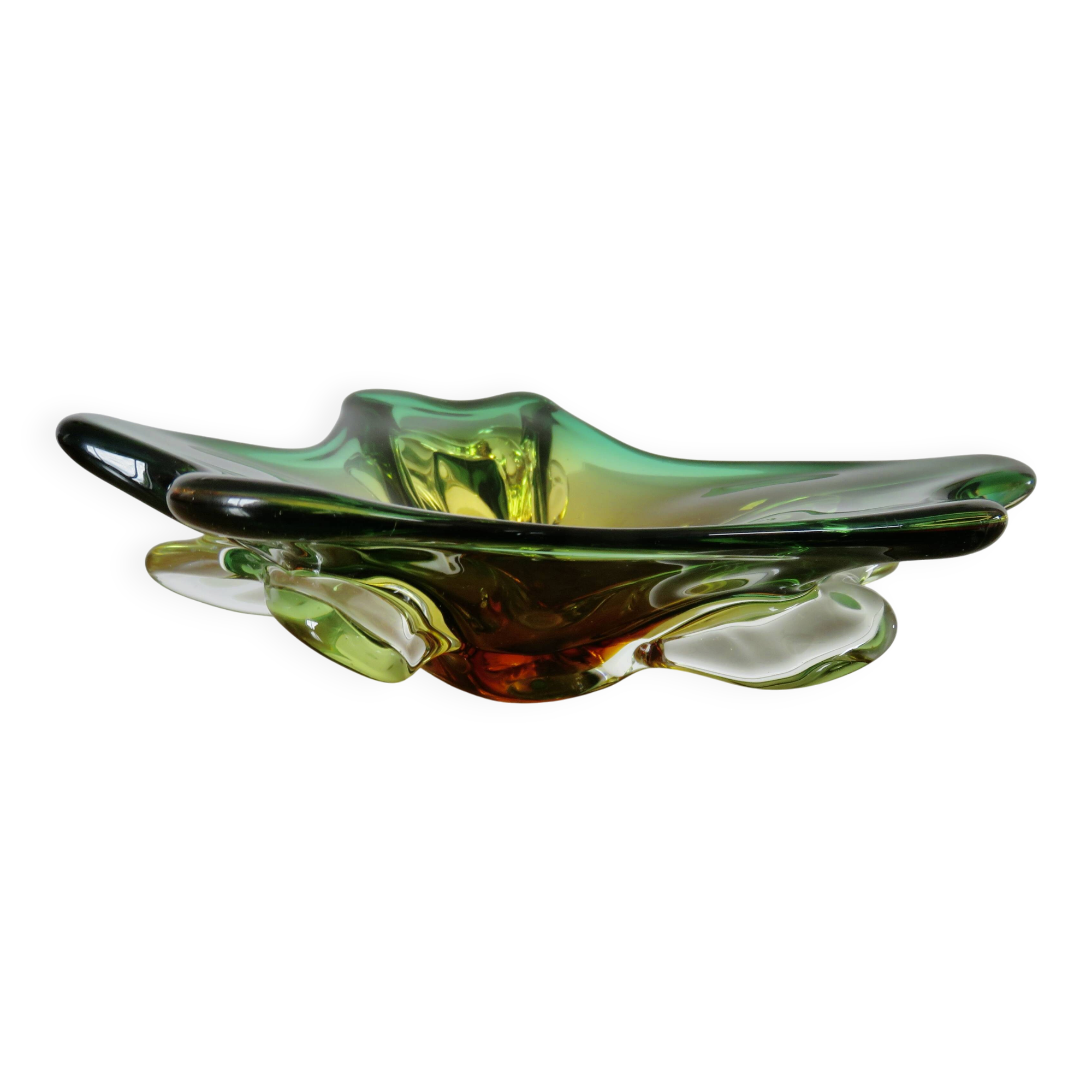 Vide poche en verre de Murano vert, ambre et transparent, années 60 70