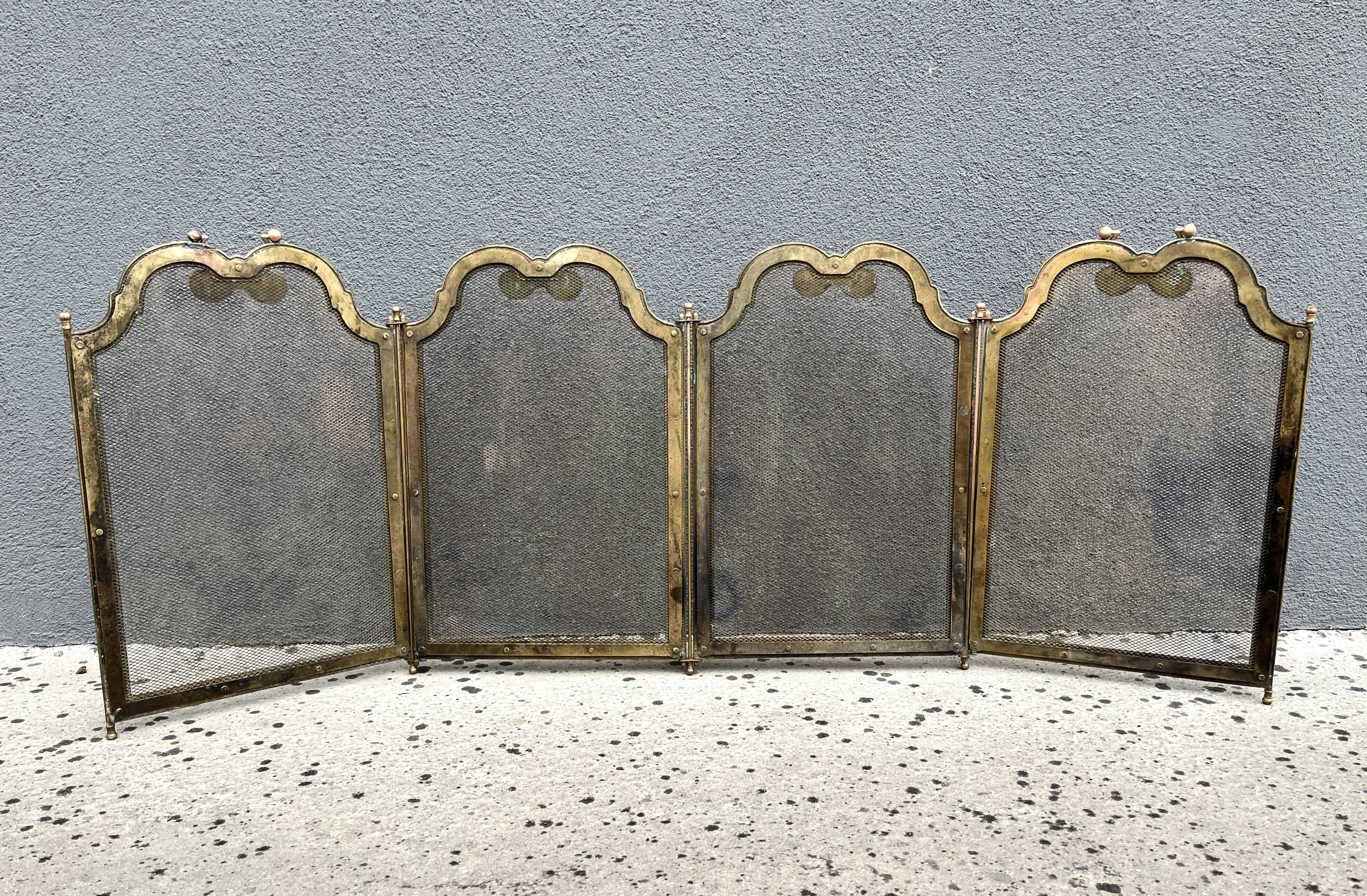 Antique brass fireplace screen from the 1920s, 4-panel fireplace screen