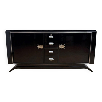 Art Deco Sideboard in Black Lacquer, Maple & Chrome, France, 1930