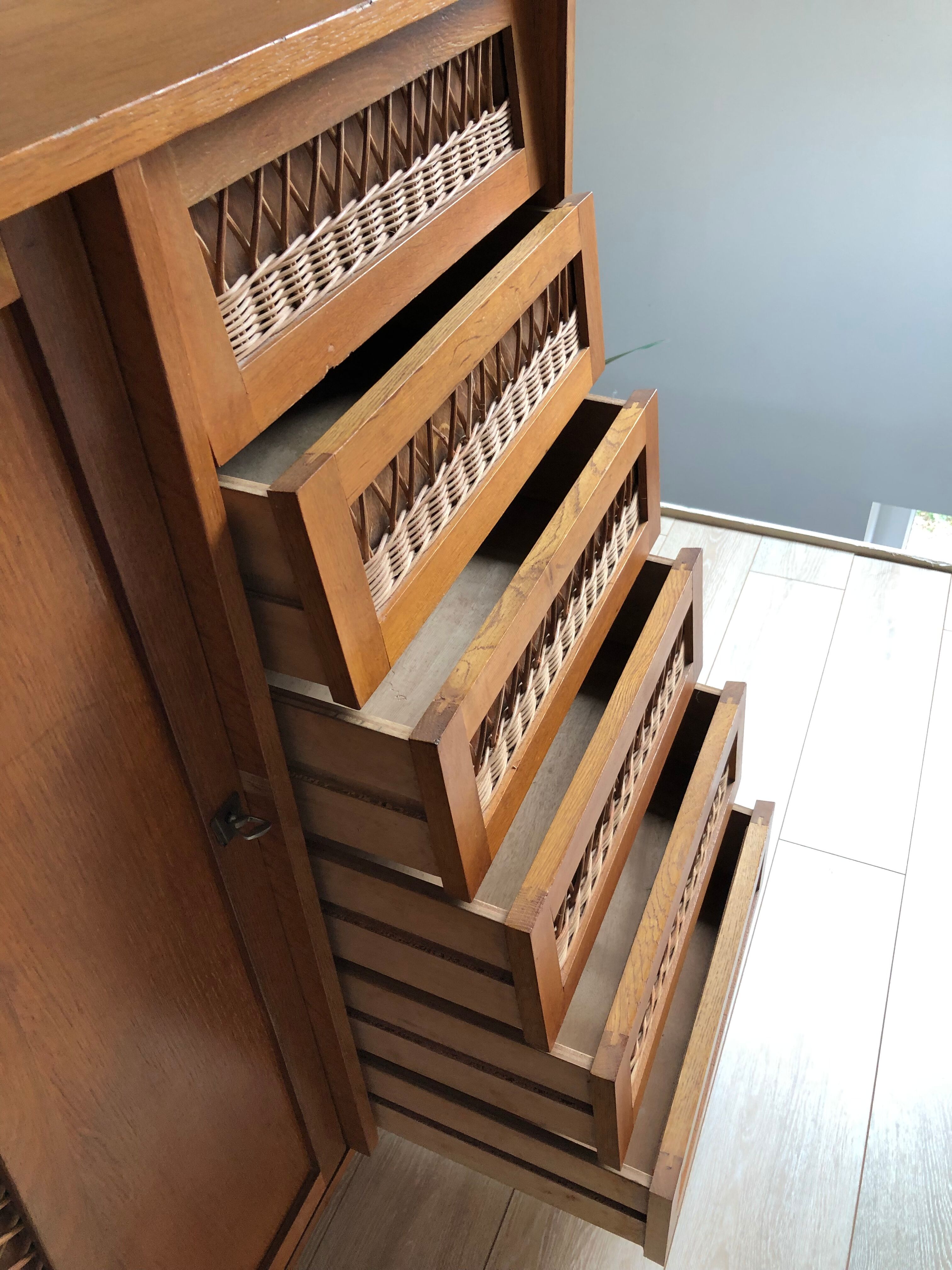Wood and rattan chest of drawers