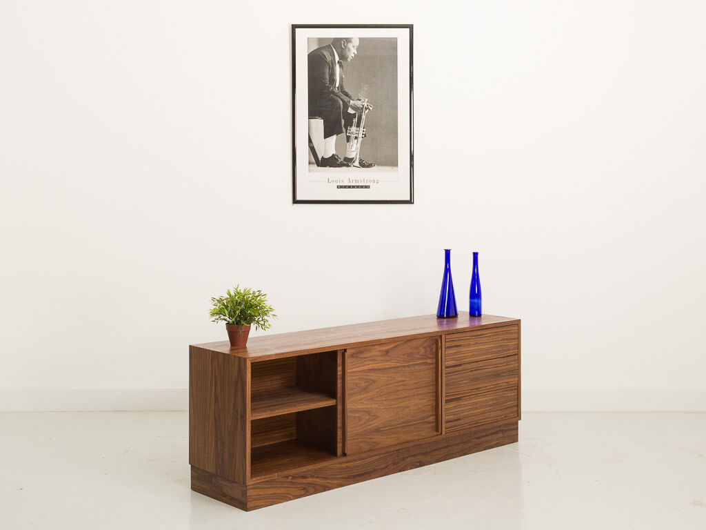 Oiled walnut TV stand equipped with 2 sliding doors and 3 drawers