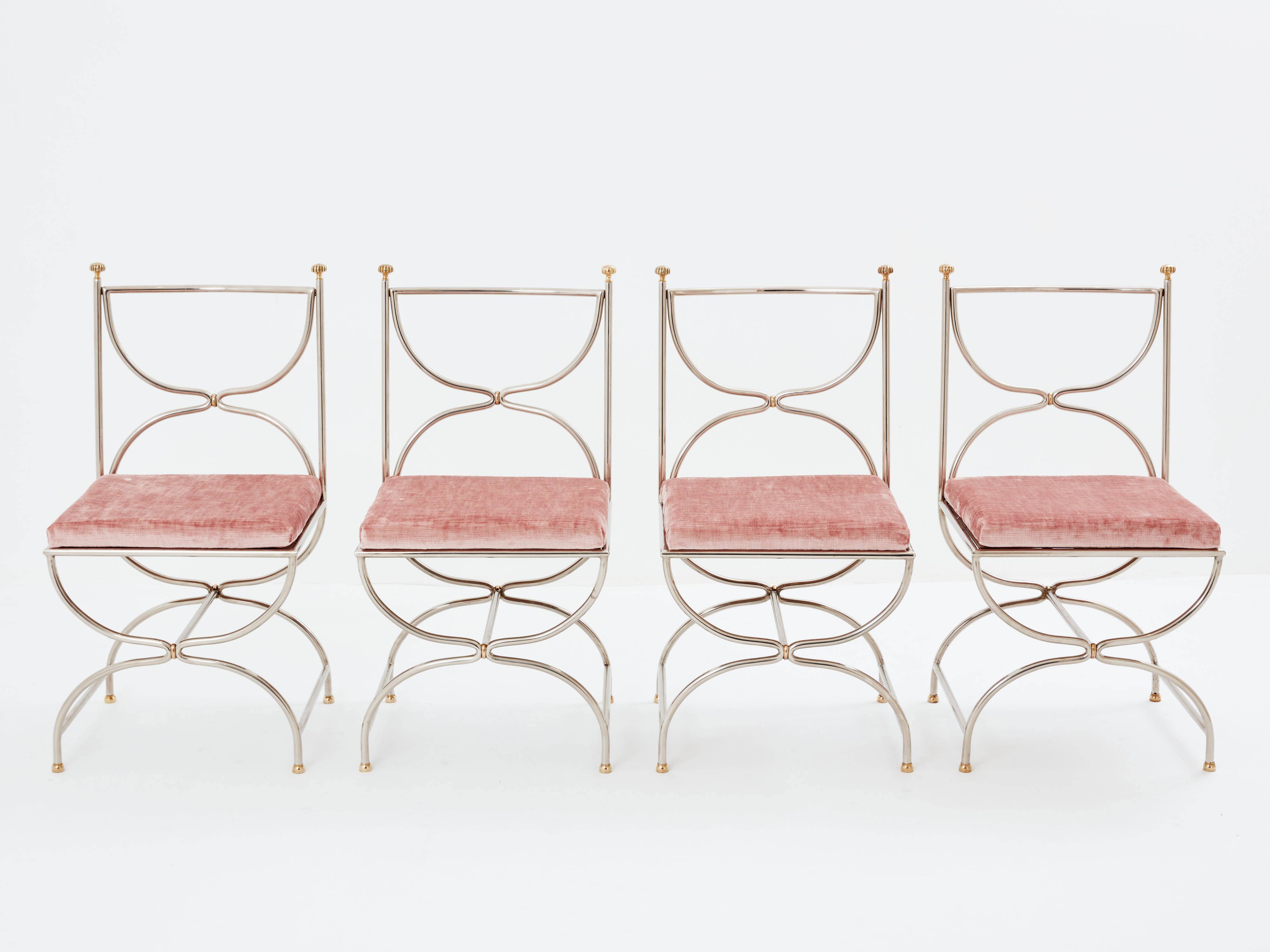 Maison Jansen rare set of 12 steel brass pink velvet chairs 1960
