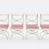 Maison Jansen rare set of 12 steel brass pink velvet chairs 1960