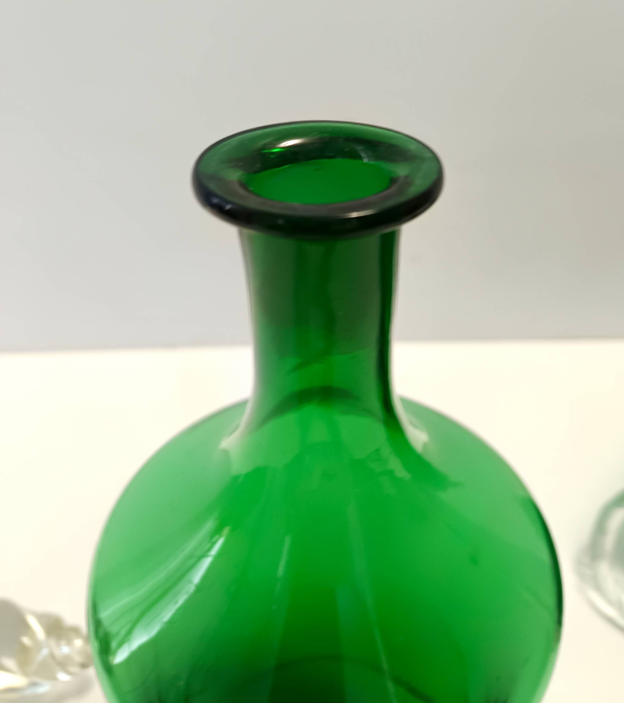 Pair of Green Hand-Blown Glass Wine and Water Pitchers, Empoli