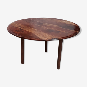 Table basse bois de Sheesham massif vintage fin 70s   d81 cmx h48 cm
