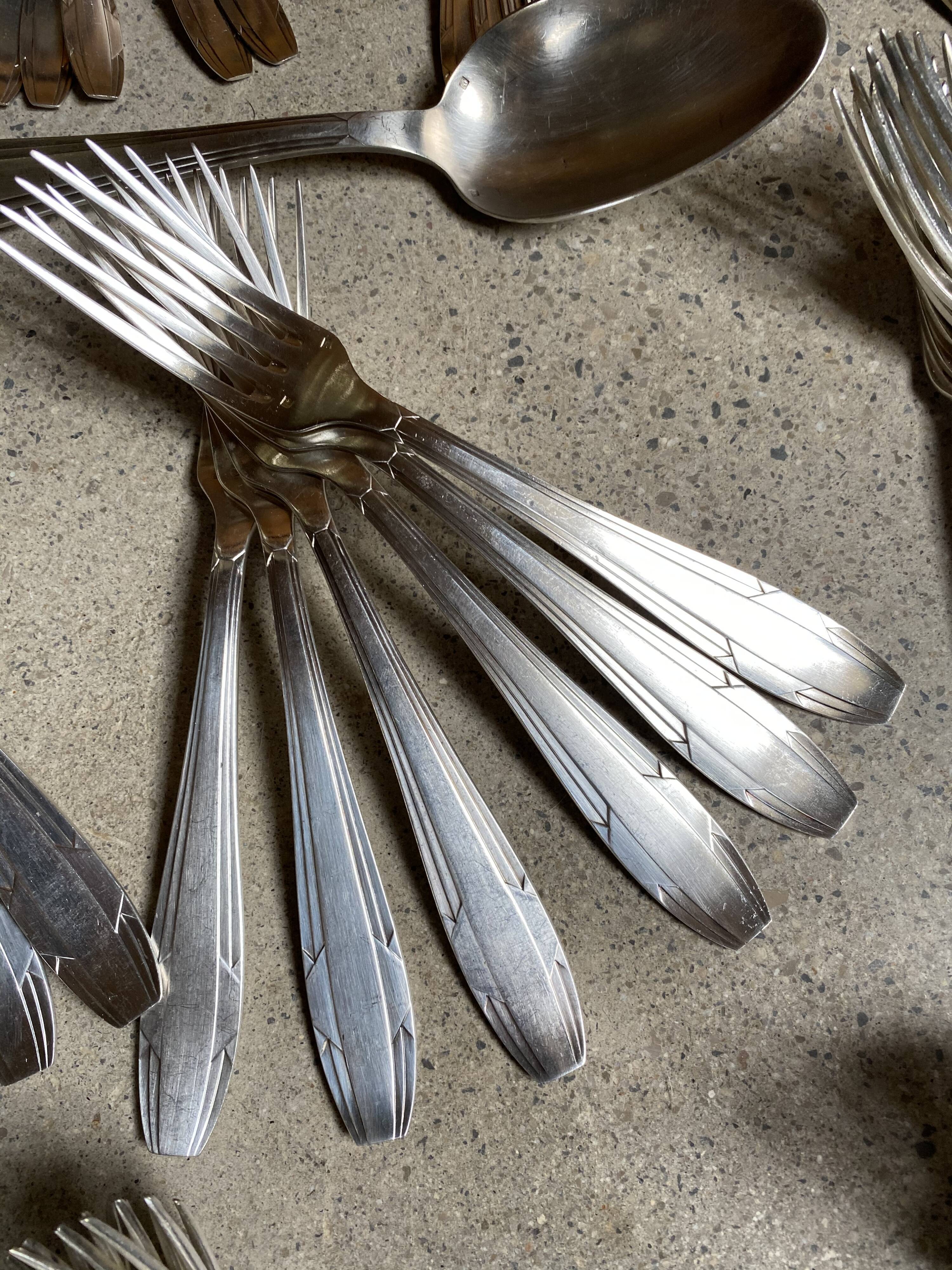 Silver metal cutlery art deco 63 pieces