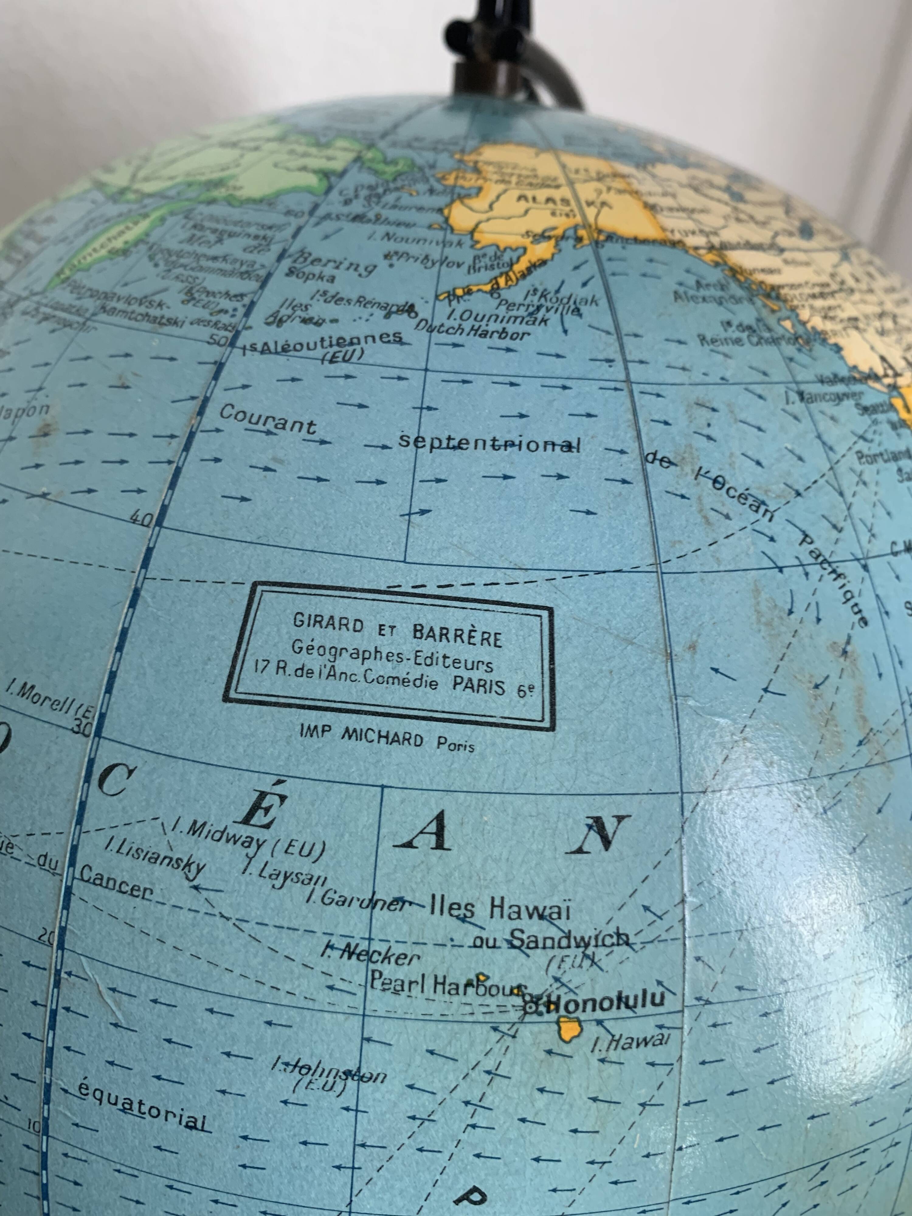 Vintage 1960 globe terrestrial world map Girard Barrère glass - 36 cm
