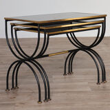 Vintage nesting tables in metal and black opaline glass 1950