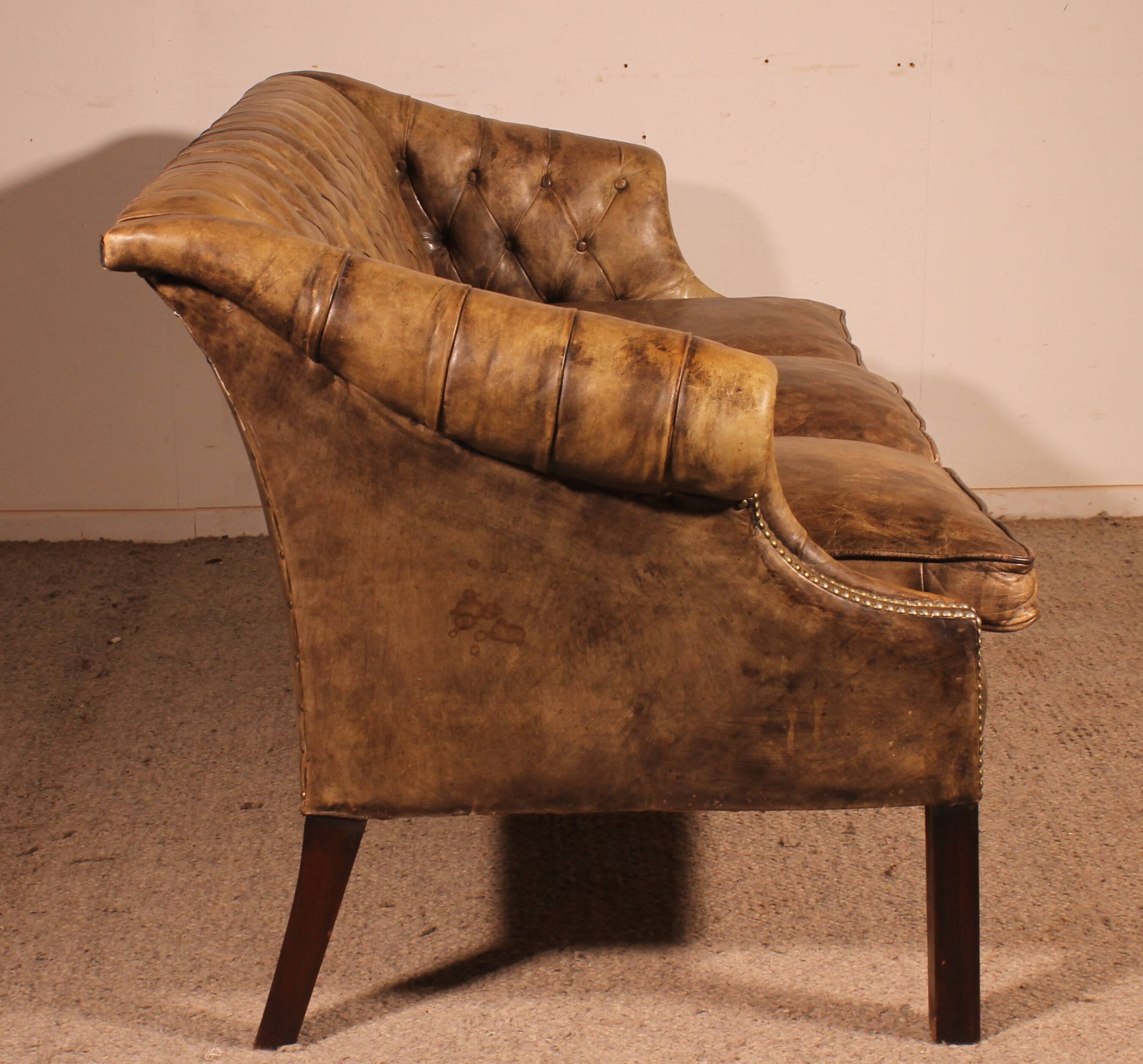 3-seater chesterfield in light olive green leather