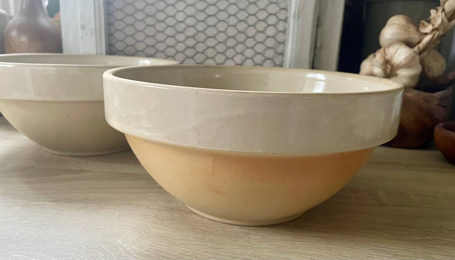 Set of two 2.5l salad bowls in vintage Digoin stoneware