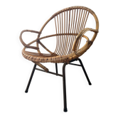 Fauteuil coquille en rotin des années 60-70