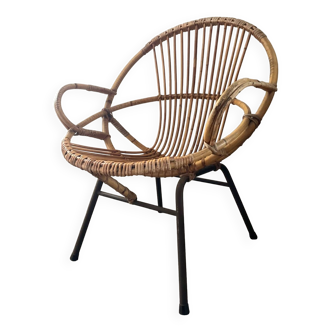 Fauteuil coquille en rotin des années 60-70