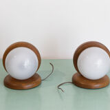 Pair of wood and opal sphere wall lamps