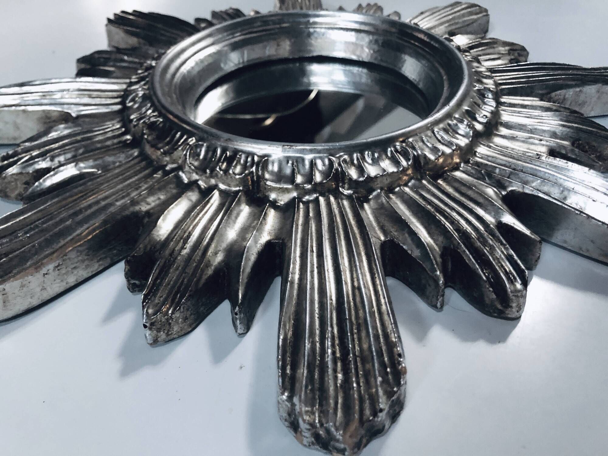 Wall Sun Mirror • Large Model • Carved Wood • Silver • 1960-70