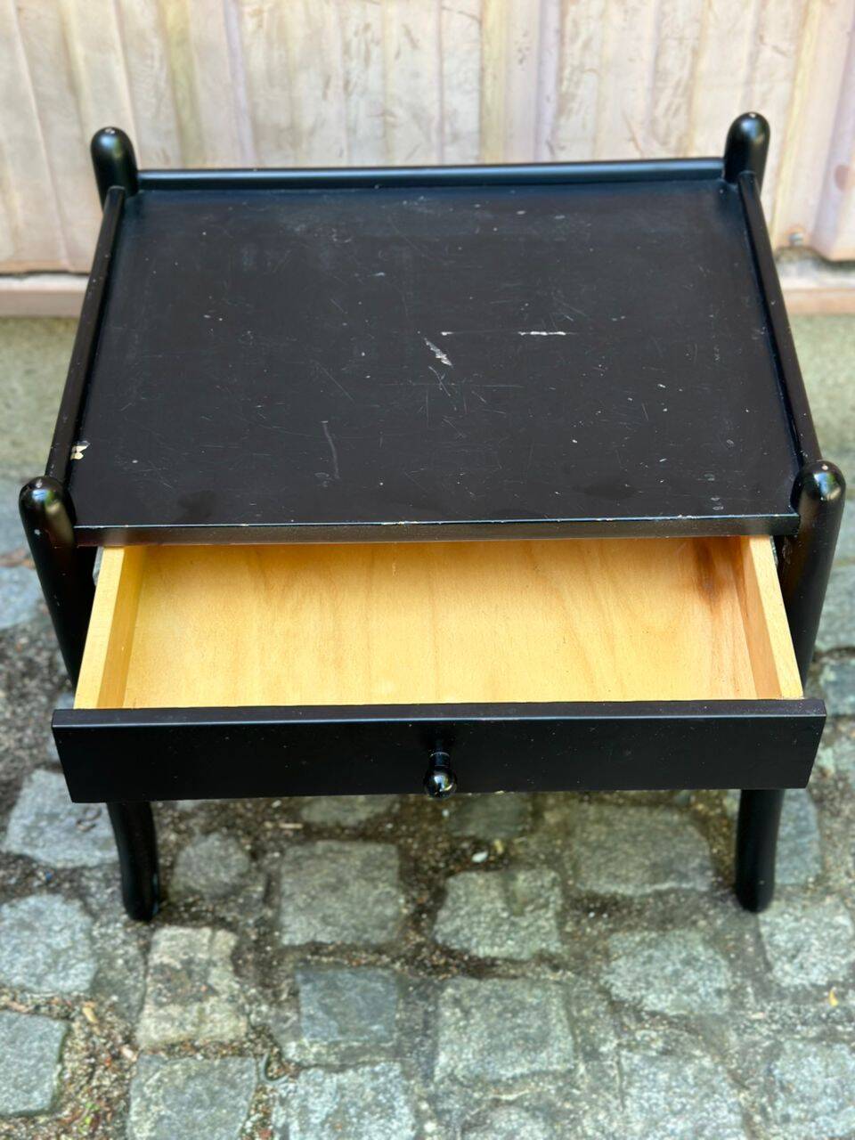Vintage bedside table from the 1980s in black wood.