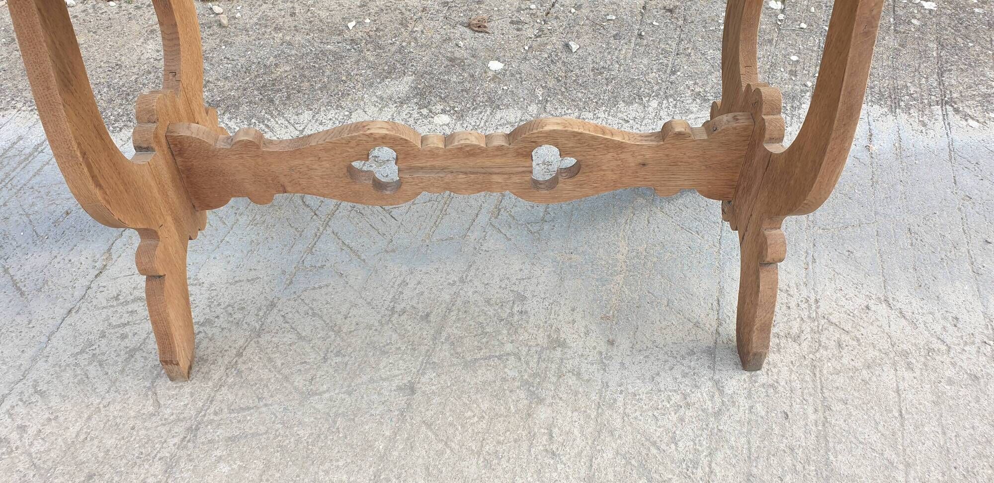 Lyre leg table in natural wood, one drawer, vintage