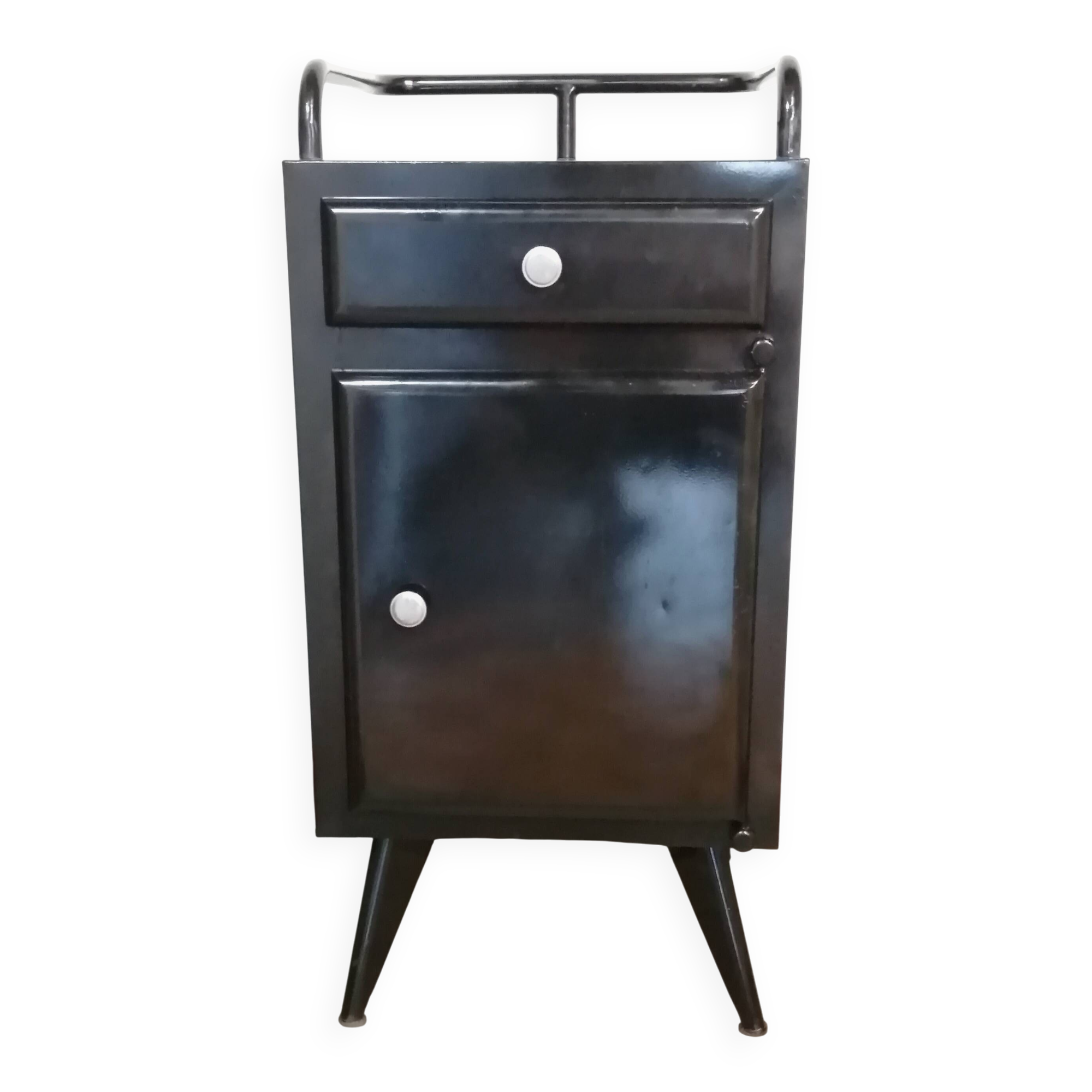 Black hospital/internment bedside table, all metal, compass legs, 1940s industrial.