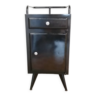 Black hospital/internment bedside table, all metal, compass legs, 1940s industrial.