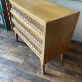 Vintage chest of drawers wood and rattan 1950