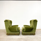 Set of two vintage original green velvet armchairs