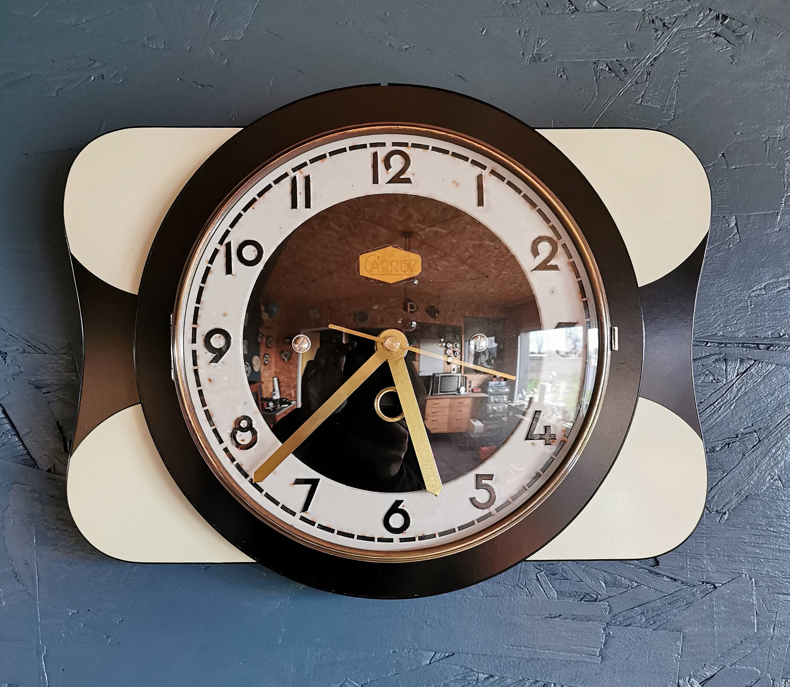 Vintage formica clock rectangular silent wall pendulum "Carrez black white"